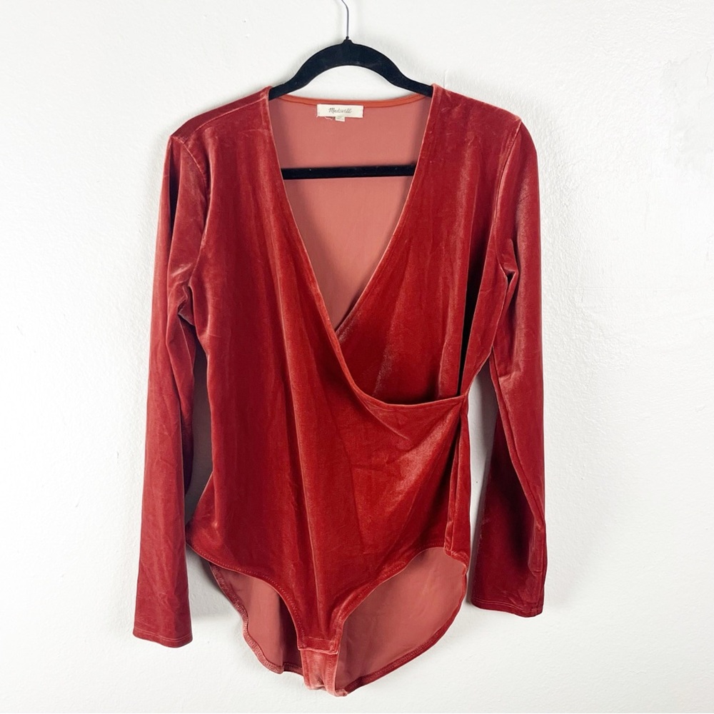 MADEWELL Rust Orange Long Sleeves Velvet Faux Wrap V-Neck Bodysuit, Size XL